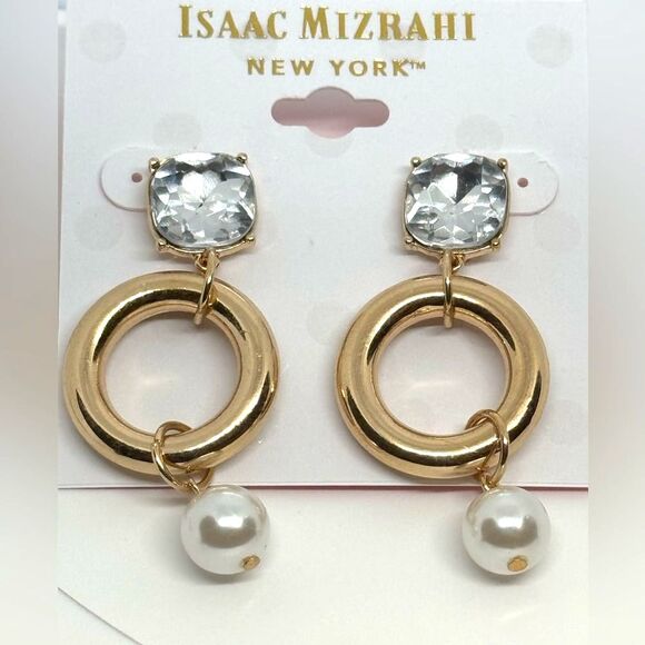 ISAAC MIZRAHI Gold Tone Crystal & Faux Pearl Dangling Post Earrings 2in approx - Picture 5 of 11